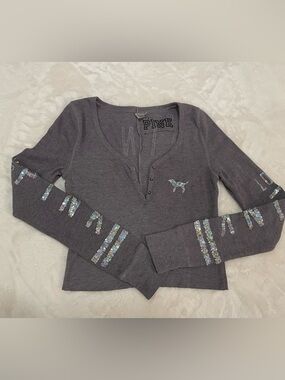Vintage Victoria's Secret pink grey sequin Henley crop top